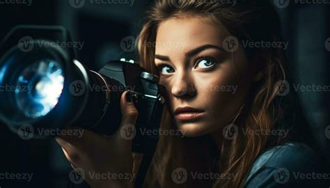 One young adult Caucasian woman, holding camera, photographing beauty ...