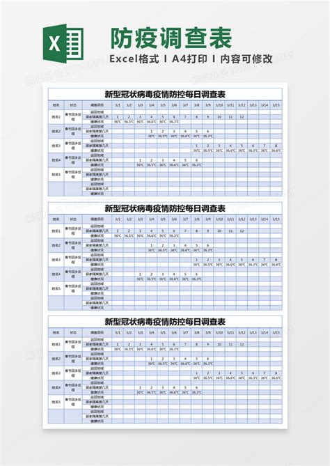 蓝色简约新型冠状病毒疫情防控每日调查表模版Excel模板下载_熊猫办公