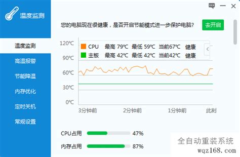 打开温度检测界面，各项温度指标一目了然，甚至能提醒你可以去开启节能模式保护好电脑，CPU和内存占用百分比清晰可见。