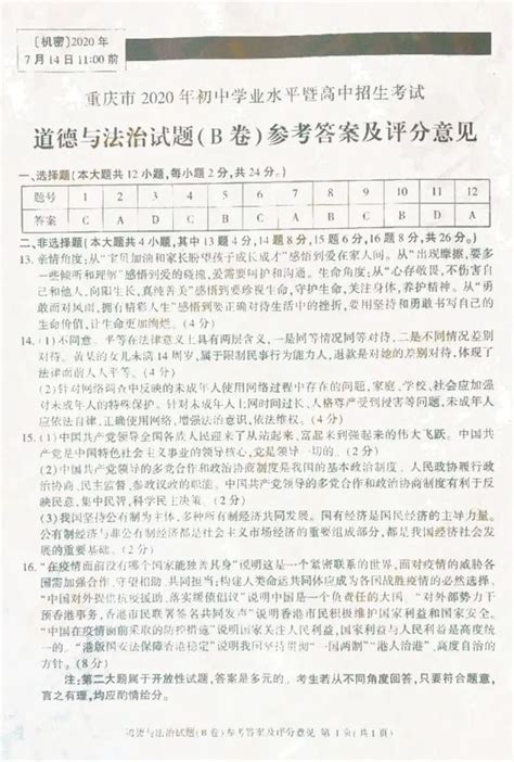 2020重庆中考B卷物理试卷+答案+评分标准- 重庆本地宝