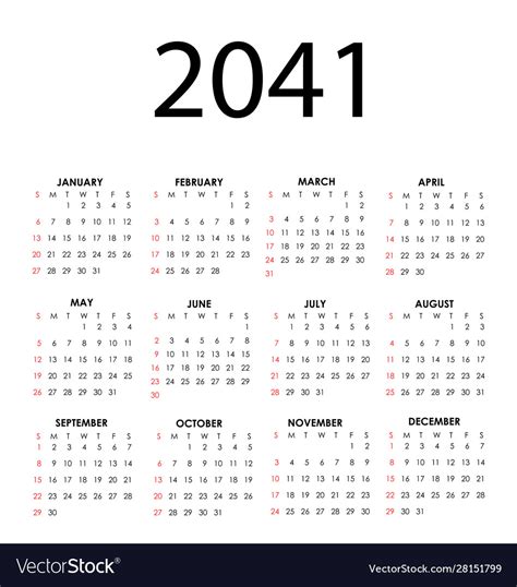 Calendar 2041 Royalty Free Vector Image - VectorStock