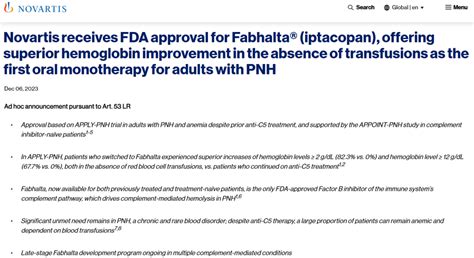 刚刚！FDA批准诺华FIC补体药物Iptacopan用于治疗PNH