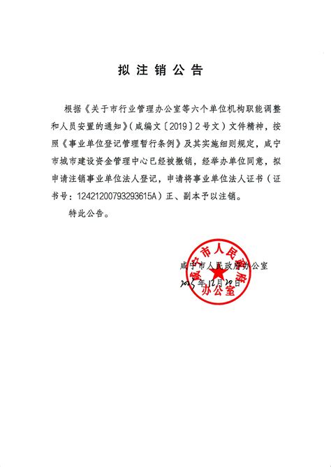 拟注销公告-咸宁城市发展（集团）有限责任公司