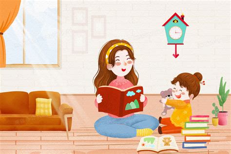 妈妈给孩子讲故事温馨母亲节插画图片素材下载_psd格式_熊猫办公