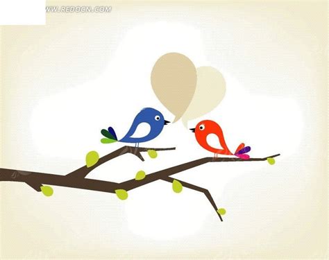 站在树枝头上的两只卡通小鸟EPS素材免费下载_红动中国