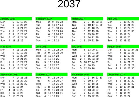 Year 2037 Calendar – United States