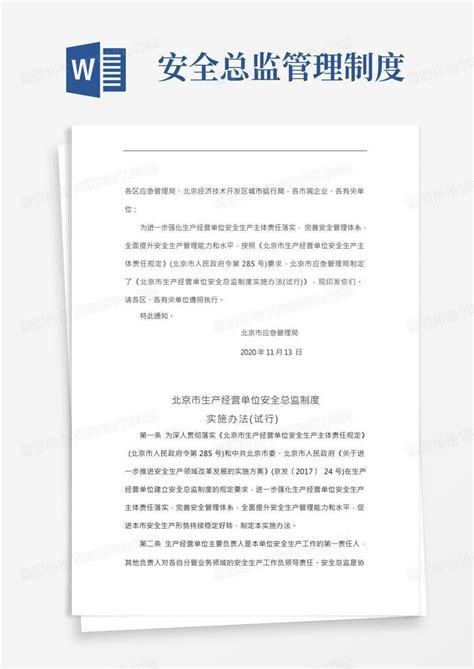 北京市生产经营单位安全总监制度实施办法(试行)Word模板下载_编号lorpezmj_熊猫办公