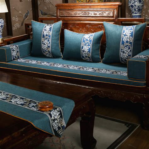 新中式红木沙发坐垫亚麻罗汉床垫子五件套乳胶椰棕实木椅座垫定制_虎窝淘