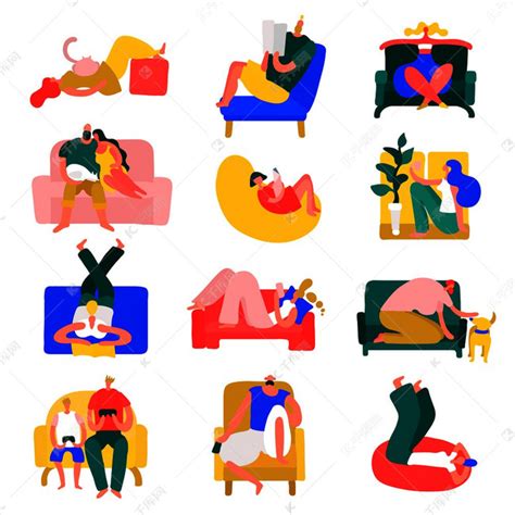人们空闲时间在家里休息时摆出彩色图标集，在瑜伽位置上放松孤立的矢量图解。素材图片免费下载-千库网
