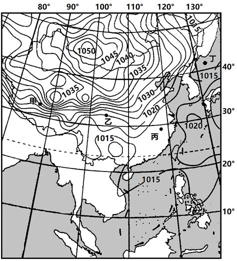 下图为某日8时亚洲部分地区海平面气压分布图（单位：百帕）。读图完成下面小题。