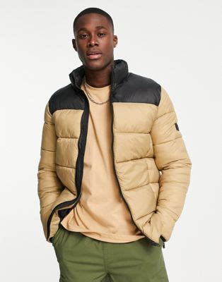 French Connection contrast puffer jacket in camel & black | ASOS