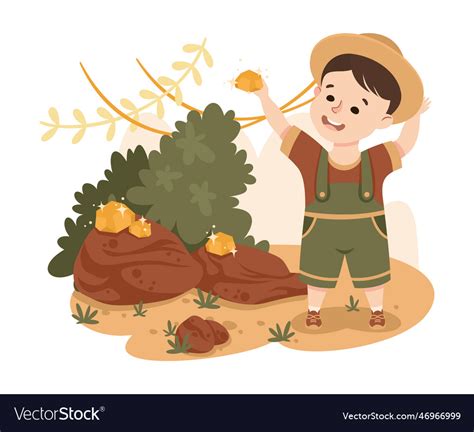 Little boy in the jungle finding gemstone Vector Image