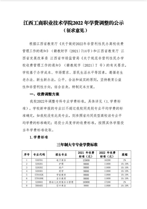 江西工商职业技术学院 关于公开征求调整2022年收费标准意见的通知_江西工商职业技术学院官网