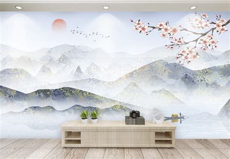 新中式意境抽象水墨山水客厅背景墙壁画效果图-【包图网】