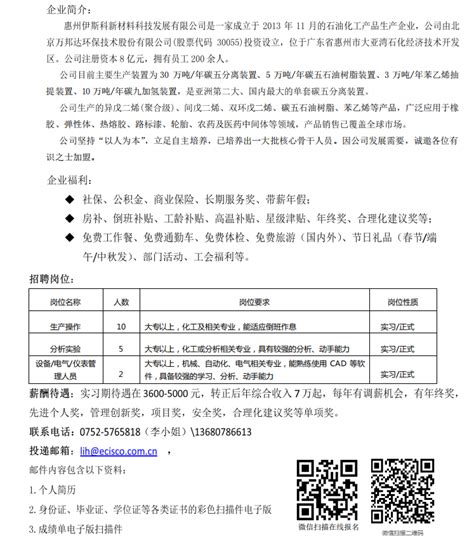 【招聘信息】惠州伊斯科新材料科技发展有限公司2021年招聘简章-茂名职院化学工程系