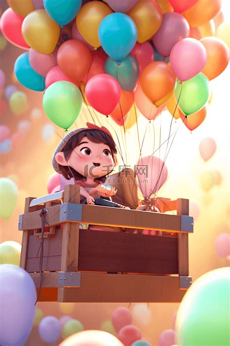 一个卡通可爱小女孩坐在气球上空中插画图片-千库网