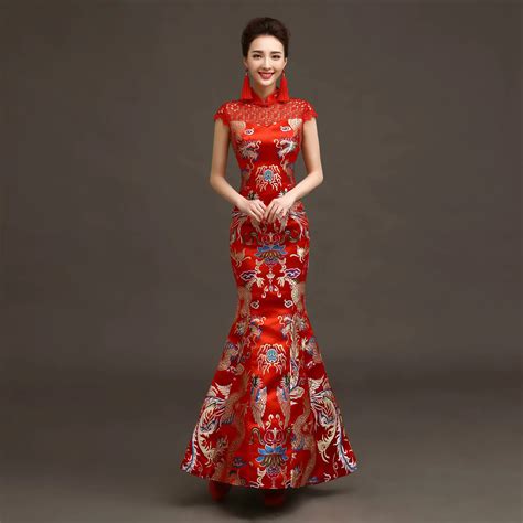 Women Chinese Cheongsam Summer Long Fishtail Chinese Traditional Dress ...