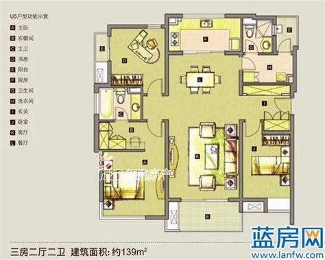 武汉城建汉阳印象B3户型，武汉城建汉阳印象3室2厅2卫1厨约117.00平米户型图，朝南朝向 - 武汉安居客