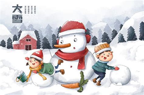 雪地上玩耍的小孩和雪人卡通人物插画PSD素材免费下载_红动中国