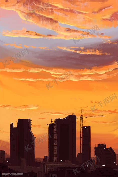 城市边缘的夕阳天空插画图片-千库网