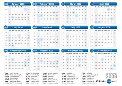 2038 Yearly Calendar Templates with Monday Start