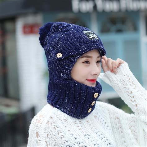 冬季女士一体保暖帽子工厂针织围脖口罩连体帽户外骑车加绒毛线帽-阿里巴巴