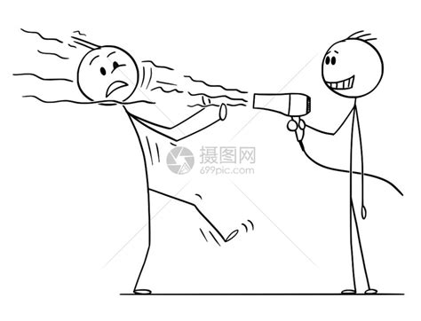 卡通棍子图描绘出一个恶毒的笑脸男人用理发机吹向另一个男人的概念插图插画图片下载-正版图片304762255-摄图网