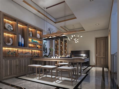 中式茶室场景模型-新中式客厅装修设计模型-三维家模型