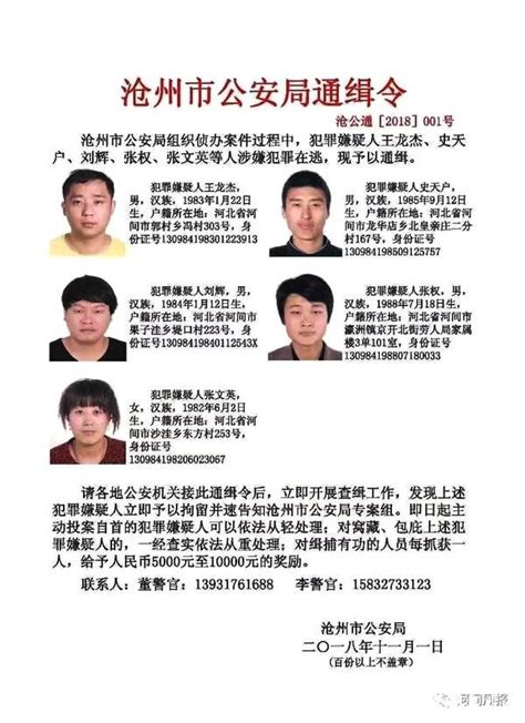 2018年11月1日沧州市公安局发布通缉令_抓逃犯-全国在逃人员查询网站