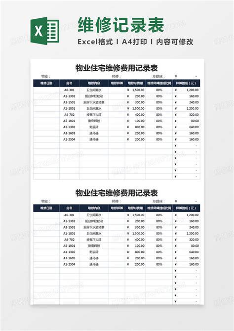 简约物业住宅维修费用记录表模版Excel模板下载_熊猫办公