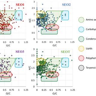 van Krevelen diagrams of SEO1-3 and SEOT. The major metabolite classes ...