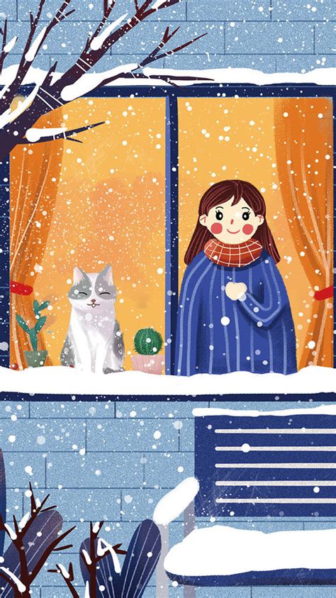 冬日下雪雪地女孩猫窗户插画gif动图下载-包图网