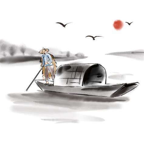 中国风古风水墨小船木船透明免抠PNG图案 PS设计合成素材 (167)
