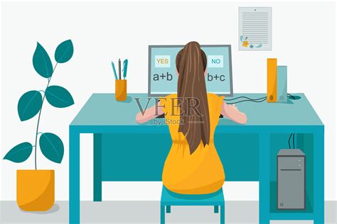 远程家庭在线培训。一个带着电脑的女学生坐在他家里的桌子旁听学校的课。矢量平面插图。个人和远程学习的概念。插画图片素材_ID:354813154 ...