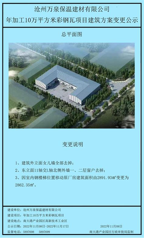 沧州万泉保温建材有限公司年加工10万平方米彩钢瓦项目建筑方案变更公示