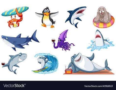 Set of various sea animals cartoon characters Vector Image