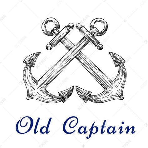 老船长素描标志与交叉航海金钟锚。素材图片免费下载-千库网