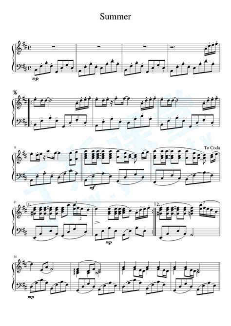 summer（菊次郎的夏天）原版钢琴曲谱，于斯课堂精心出品。于斯曲谱大全，钢琴谱，简谱，五线谱尽在其中。