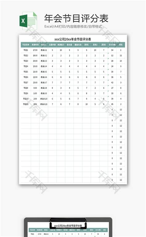 年会节目评分表Excel模板_千库网(excelID：159129)