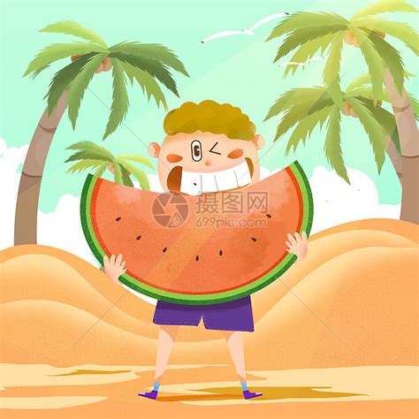 夏天扁平风沙滩吃西瓜素材图片免费下载-千库网