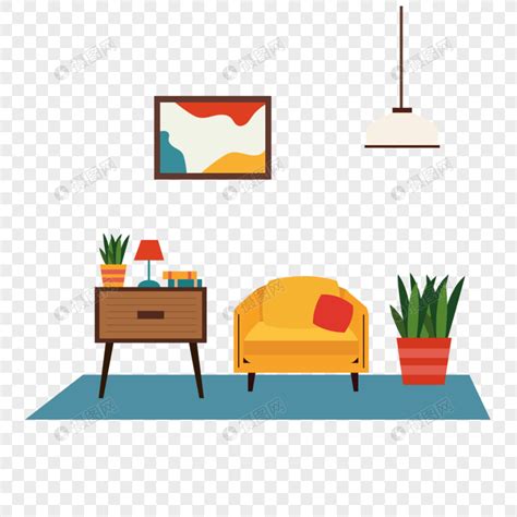 客厅房间起居室扁平风格沙发花盆和桌子元素素材下载-正版素材402091884-摄图网