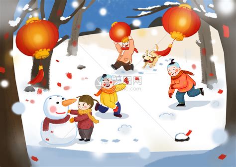 手绘儿童冬日雪天打雪仗素材图片免费下载-千库网