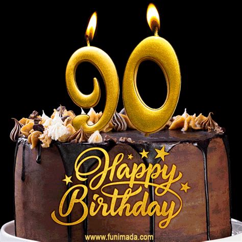 90 Birthday Chocolate Cake with Gold Glitter Number 90 Candles (GIF) — Download on ...