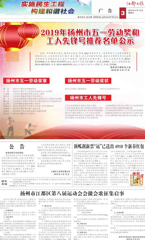 2019年扬州市五一劳动奖和工人先锋号推荐名单公示--江都日报