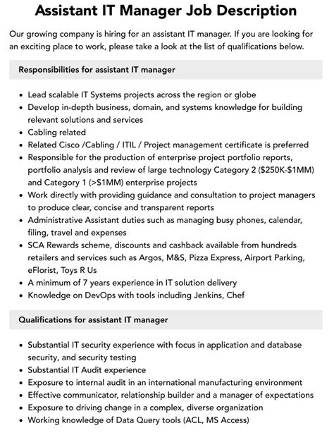 Assistant IT Manager Job Description | Velvet Jobs