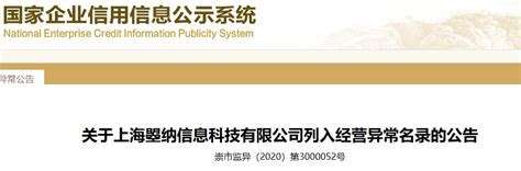 上海崇明区市场监督管理局决定将上海曌纳信息科技有限公司列入经营异常名录-中国质量新闻网