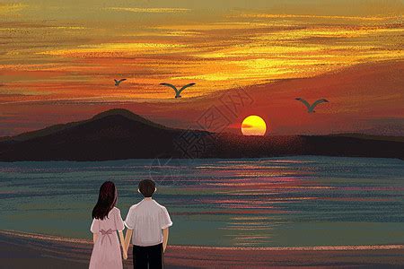 夕阳下的情侣插画图片下载-正版图片400087761-摄图网