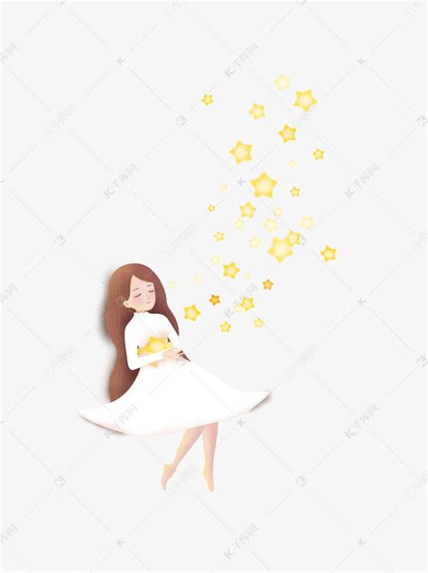 手绘卡通睡觉梦见星星飞入怀抱的白裙子女孩素材图片免费下载-千库网