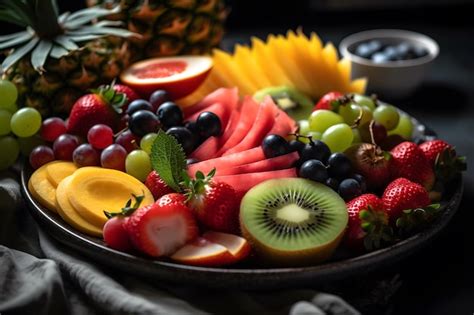 Una tentadora foto de un colorido plato de frutas con jugosas rebanadas ...