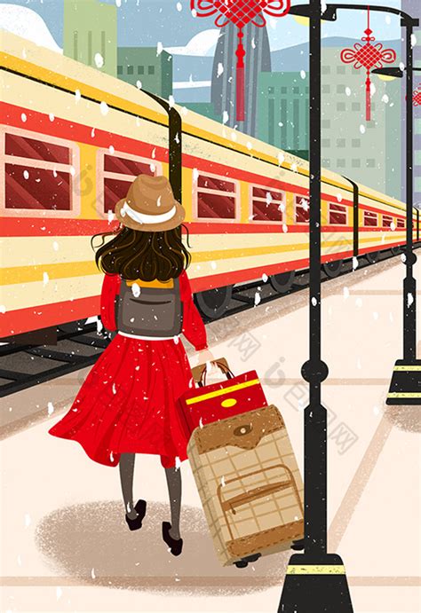 春节回家过年女孩拉行旅箱乘火车回家插画图片-包图网